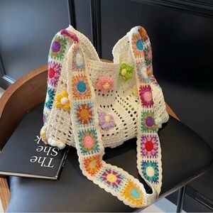WHITE Granny Square Crochet Tote Bag with Flowers
